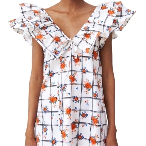 Zara CottageCore Mixed Print Floral Grid Ruffle Sleeve Midi Dress Size S… - Picture 5 of 8